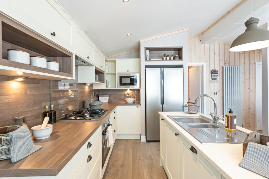 Kitchen area of brand new luxury lodge, the Eton - arriving at Racecourse Marina & Lodges this spring
